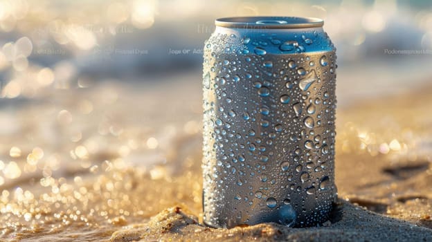 An aluminum can of beer lies in the sandy beach, its contents a refreshing liquid beverage waiting to be enjoyed under the sun AIG50