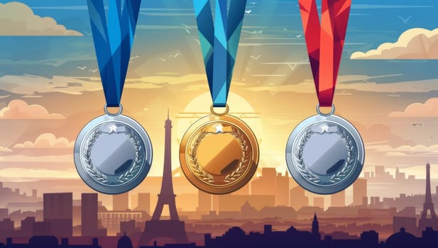Illustration of three medals with ribbons in the foreground, set against a stylized cityscape with a sunrise gradient. The Eiffel Tower emerges in the background, suggesting a Parisian setting