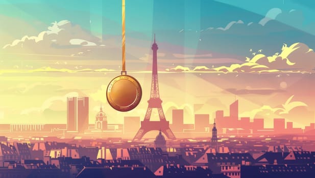Vibrant illustration showcasing gold medal suspended over an artistic rendering of Paris with the iconic Eiffel Tower centered