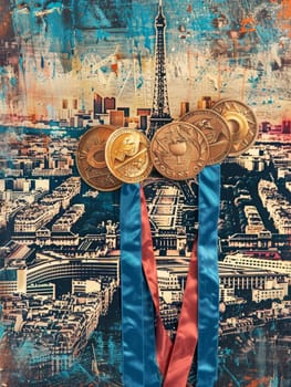 An artistic rendition of the Paris skyline with a focus on the Eiffel Tower, overlaid with medals on textured background.