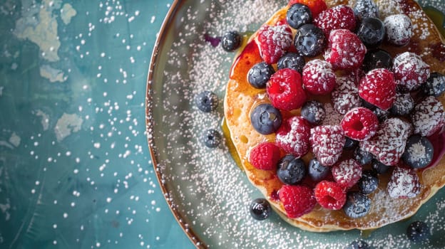 A stack of pancakes topped with strawberries and blueberries on a plate. The perfect combination of sweet fruit and fluffy pancakes, a delicious breakfast choice AIG50