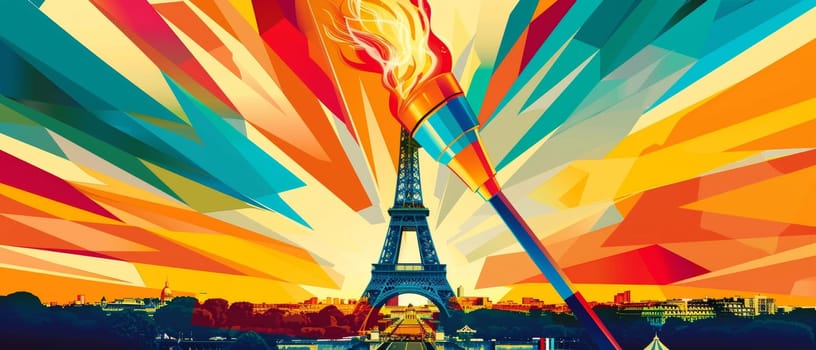 A wide-format illustration featuring the Eiffel Tower with a dynamic, colorful interpretation of the torch and its vivid flames, set against a sunset sky