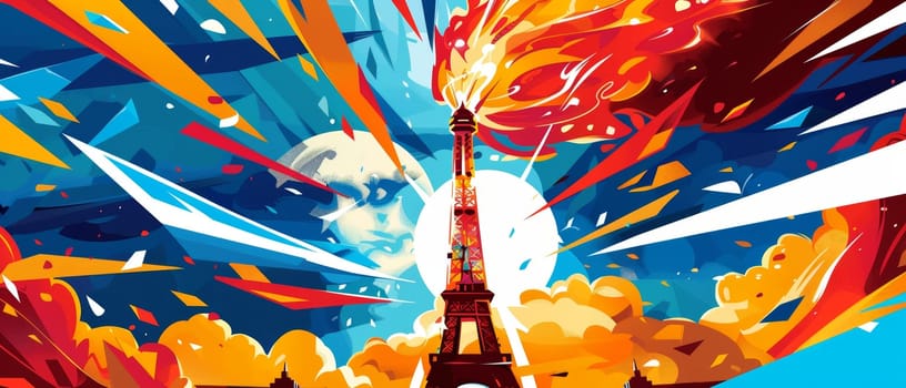 An abstract illustration in wide format, showcasing the torch in front of the Eiffel Tower with a stylized face blended into the explosive backdrop