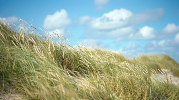 A natural landscape of tall grass stretching towards the horizon with the ocean in the background. Clouds float in the sky above the fluid water AIG50