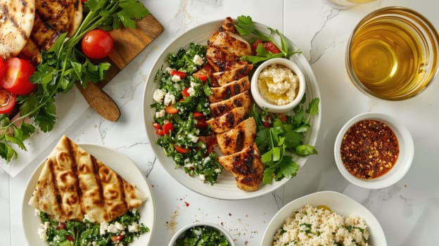 The table is filled with a variety of foods, from staple ingredients to leaf vegetables. Dishes from various cuisines are served on plates alongside fresh produce and tableware AIG50