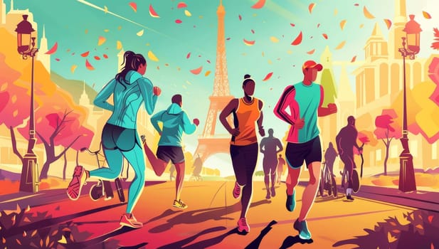 A lively scene of runners on a Paris street with the Eiffel Tower in the backdrop, under a warm sunset sky