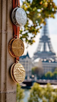 Three commemorative medallions hang on a leather strap against a blurred Eiffel Tower and leafy branches backdrop in Paris