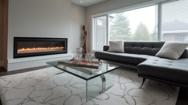 A modern living room with a fireplace, a sofa, and a coffee table AIG51A.