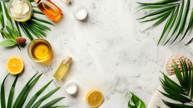 A variety of citrus fruits and green leaves are arranged on a yellow background, complemented by wooden tableware and serveware for a refreshing drink AIG50