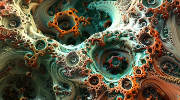A 3D fractal with a color scheme of blue, green, and orange. AIG51A.