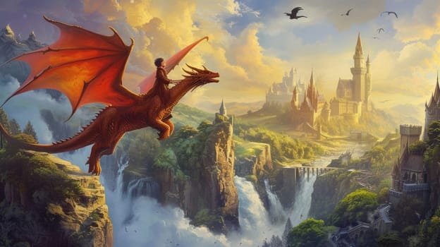 Bravery hero child in knight uniform sitting and riding at dragon over waterfall and castle. Boy with dragon flying and exploring while wandering at magical world. Adventure fairytale concept. AIG42.