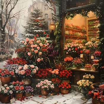 A beautiful painting featuring a variety of colorful flowers arranged outside of a charming flower shop, showcasing the beauty of botany and creative arts
