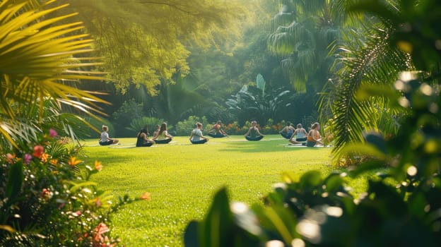 A serene outdoor yoga class in progress, with individuals practicing poses on mats in a lush garden during golden hour. AIG41
