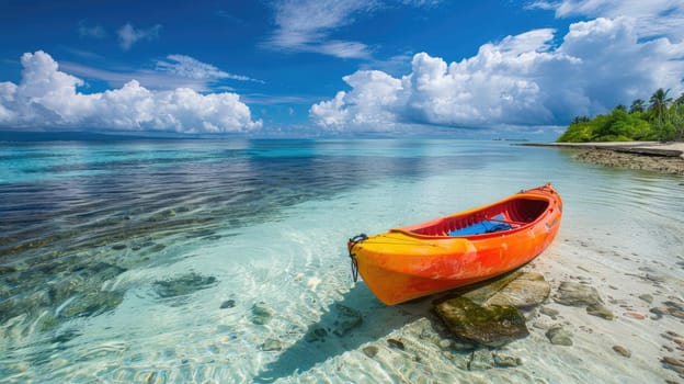 A red canoe rests on the serene shore of a tranquil lake, surrounded by the vast expanse of water, under the blue sky dotted with fluffy white clouds, showcasing the beauty of the natural landscape AIG50
