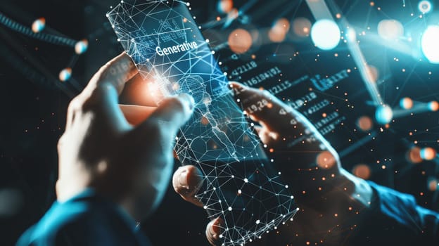 Generative AI creation by AI artificial intelligence brain processor in concept of AI artificial intelligence engineering, big data and AI machine learning to use generative AI for business. LLMs