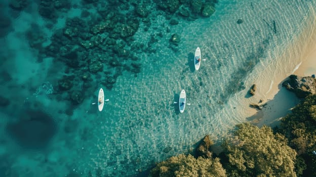 A mesmerizing aerial view of two kayakers gliding through the electric blue waters of the ocean, surrounded by marine life and underwater landscape AIG50