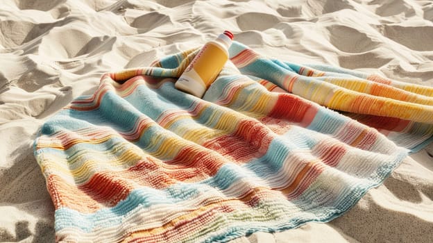 Under the vast sky and surrounded by nature, a towel and a bottle of sunscreen are left on the sandy beach, next to a watercraft and a beautiful landscape of grass and clouds AIG50