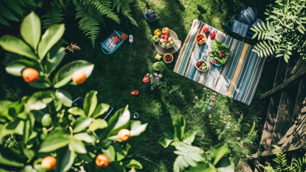 A group of children is enjoying a picnic surrounded by grass, trees, and shrubs in a natural landscape. They are leisurely soaking up the sun and appreciating the beauty of the environment AIG50