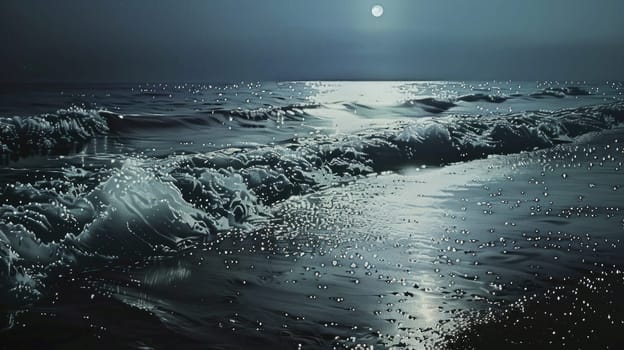 The full moon casts a shimmering light over the liquid surface of the ocean at night, creating a mesmerizing atmosphere with clouds and a clear sky AIG50