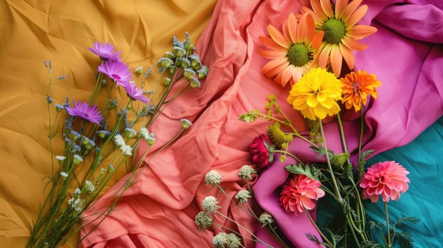 A variety of fabrics and flowers, including electric blue petals and roses, are arranged on a table alongside fictional characters and fractal art AIG50