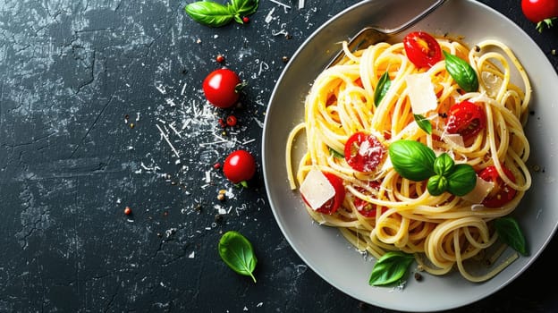 A staple food recipe featuring a bowl of pasta with tomatoes and basil, served on a sleek black tableware. A delicious and natural food dish perfect for sharing AIG50