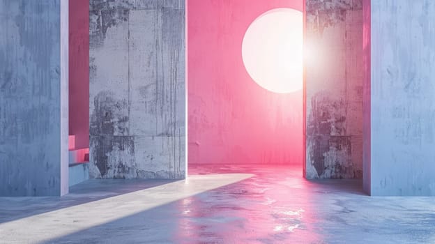 Pink and blue concrete room with a large pink circle on the back wall AIG51A.