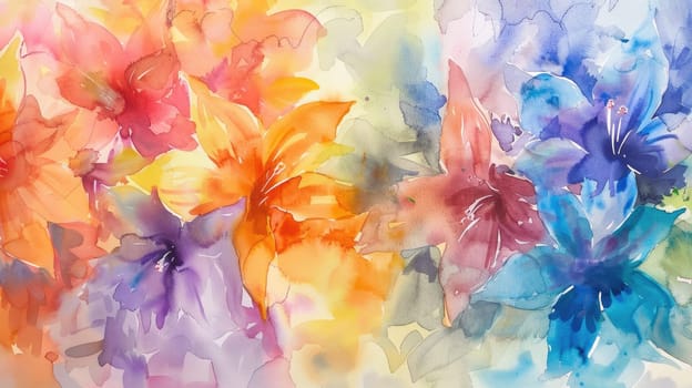 A closeup of a vibrant painting featuring colorful flowers on a white background, showcasing intricate details of petals in shades of pink, magenta, and other bright colors AIG50