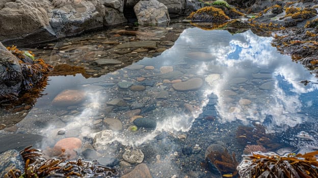 A picturesque natural landscape featuring a body of water surrounded by rocks and mountains, with a clear blue sky and fluffy clouds reflecting in the calm water AIG50