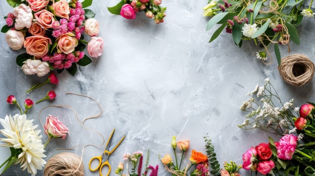 The table is adorned with a variety of flowers, each unique in color and shape. The vibrant petals create a beautiful display, adding a touch of natures beauty to the room AIG50