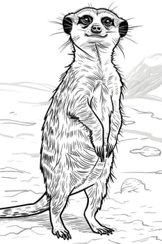 A black and white drawing of a meerkat, a carnivorous terrestrial animal, standing on its hind legs with whiskers, snout, and tail, resembling a painting