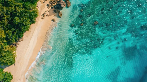 A stunning natural landscape featuring a beach lined with trees, surrounded by turquoise water. Perfect for a peaceful and relaxing travel destination AIG50