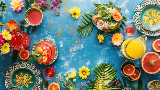 An intricate table setting with colorful dishware and drinks arranged in a circular pattern, resembling a painting of a vibrant aquatic organism AIG50