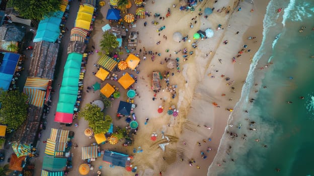 A birdseye view of a beach with colorful umbrellas and tents, surrounded by water and an urban design landscape. Perfect spot for leisure and recreation in the city AIG50