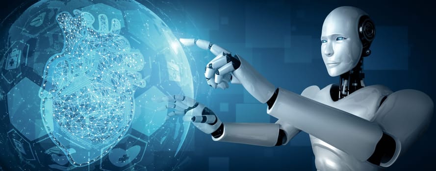 MLP 3d illustration Future medical technology controlled by AI robot using machine learning and artificial intelligence to analyze people health and give advice on health care treatment decision. 3D illustration.