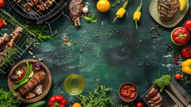 A table set with natural foods, a bottle of wine, and plates of cuisine on a grassy roof overlooking a beautiful natural landscape for an outdoor event AIG50