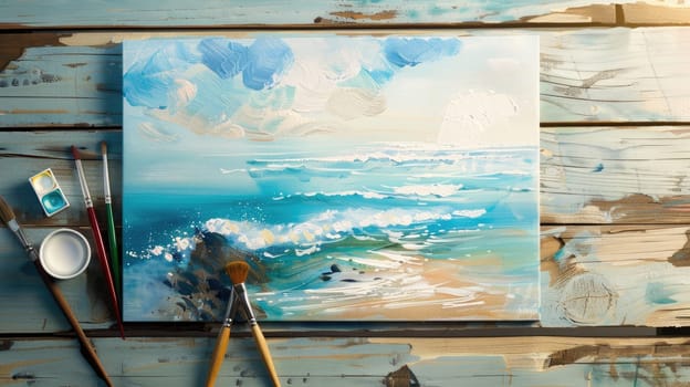 An art painting of a serene beach scene is placed on a wooden table. Brushes and paint are scattered nearby. The painting captures the beautiful sky and water AIG50