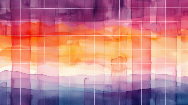 Colorful watercolor with gradient of sunset painting with white squares. A colorful abstract painting with vibrant shades of purple and orange. Image of brushstrokes in the orange and purple. AIG42.