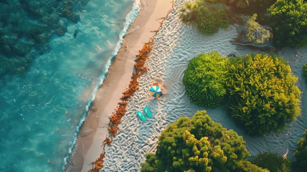 A natural landscape with palm trees, sandy beach, and volleyball under the blue sky viewed from above AIG50
