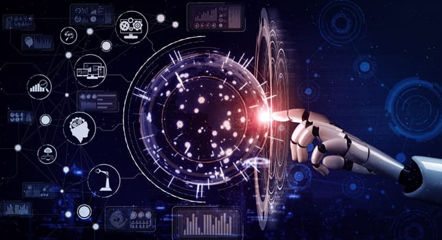 MLP 3D rendering artificial intelligence AI research of robot and cyborg development for future of people living. Digital data mining and machine learning technology design for computer brain.