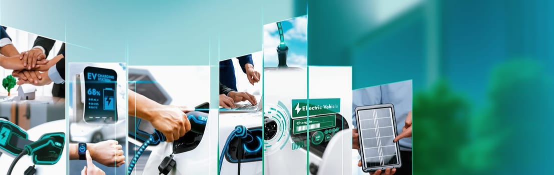 EV electric car vehicle charging and sustainable LCA green energy technology presented in panoramic banner photo collage showing eco friendly view of electric vehicle and hybrid car for future ESG