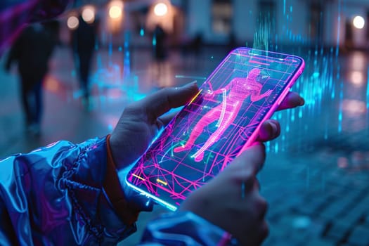 Image of a modern smartphone in hands with an application for tracking human activity in neon and ultraviolet colors.