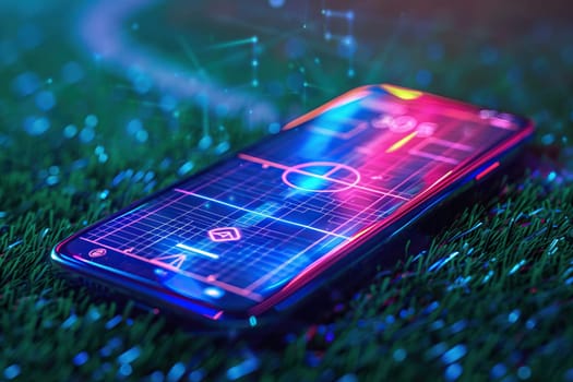 A modern smartphone with an open sports application on the screen lies on the grass in neon light.