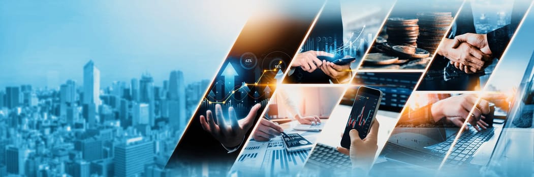 Futuristic business digital financial data technology concept for future big data analytic and business intelligence research for businessman analyst invest decisions making panoramic banner kudos