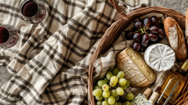 A picnic featuring a bottle of wine, grapes, cheese, bread, and a glass of wine, all laid out on a tartan blanket. The natural foods complement the plantbased recipe perfectly AIG50