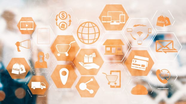 Omni channel technology of online retail business. Multichannel marketing on social media network platform offer service of internet payment channel, online retail shopping and omni digital app. uds