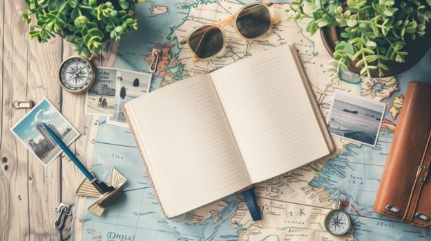 A green hat, aqua sunglasses, an electric blue compass, a watercolored notebook, and a map with an azure pattern on a circle design table AIG50