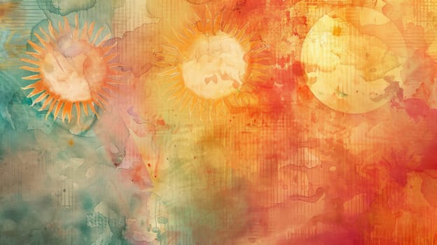 A closeup of a vibrant tie dye background with colorful circles resembling petals of an orange flower. The art paint creates a beautiful plant pattern AIG50