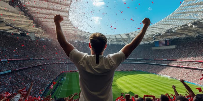 A crowd of fans gathered in the stadium, enjoying the soccer game with excitement and gestures of support. AIG41