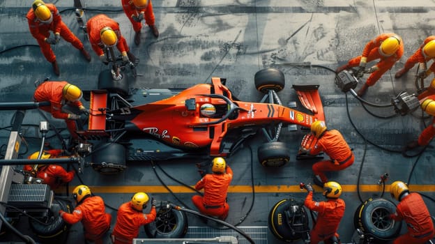 Photo of racing car was repaired by engine repair technician at arena. Car engine repair mechanic team helping and working while changing racing car wheel at race track with stress and tension. AIG42.