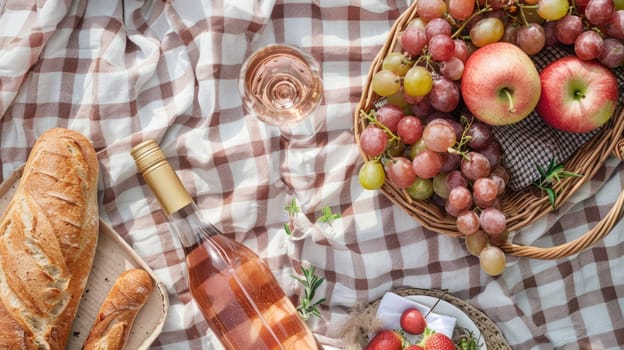 A picnic basket filled with natural foods like fruit and bread, placed on a checkered blanket for a relaxing outdoor meal AIG50